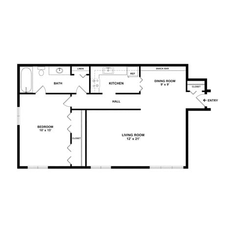 Floor plan for 1 bed, 1 bath, 650 sqft